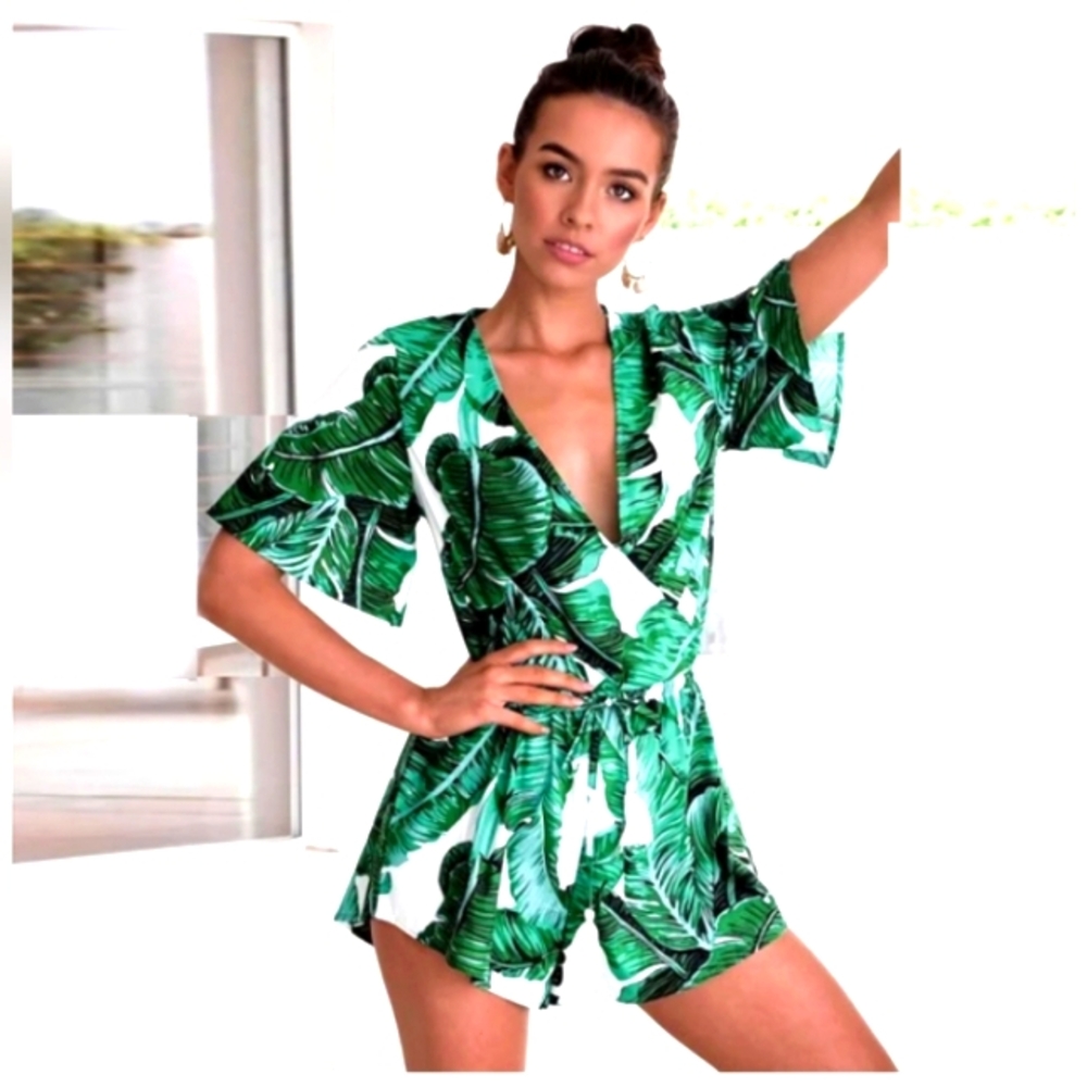 Shein Romper, Size: 2XL Green and Off-White